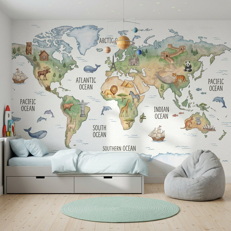 Carte du monde papier peint carte du monde amovible carte éducative murale, 120 po x 96 po, Non tissé