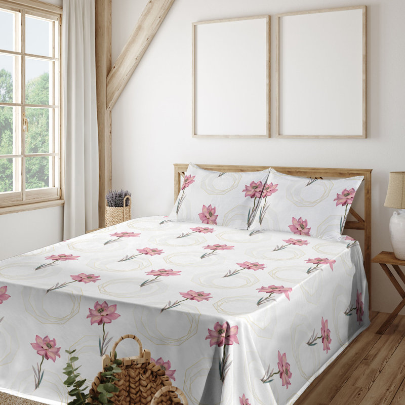 Ambesonne Watercolor Botany Sheet Set 4 Pcs Retro Boho Bloom, Ivory Pale Pink Floral, King Sheet Set with 2 Pillowcases
