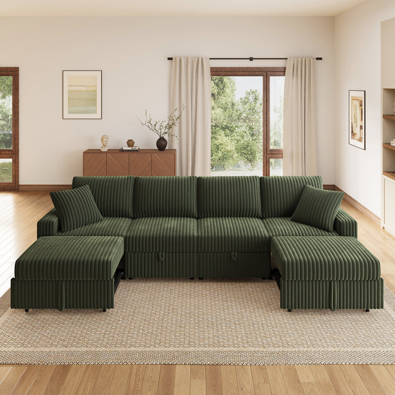 Brunella Corduroy Sleeper Sofa Sectional Sofa Bed With Storage Seat, Green Corduroy