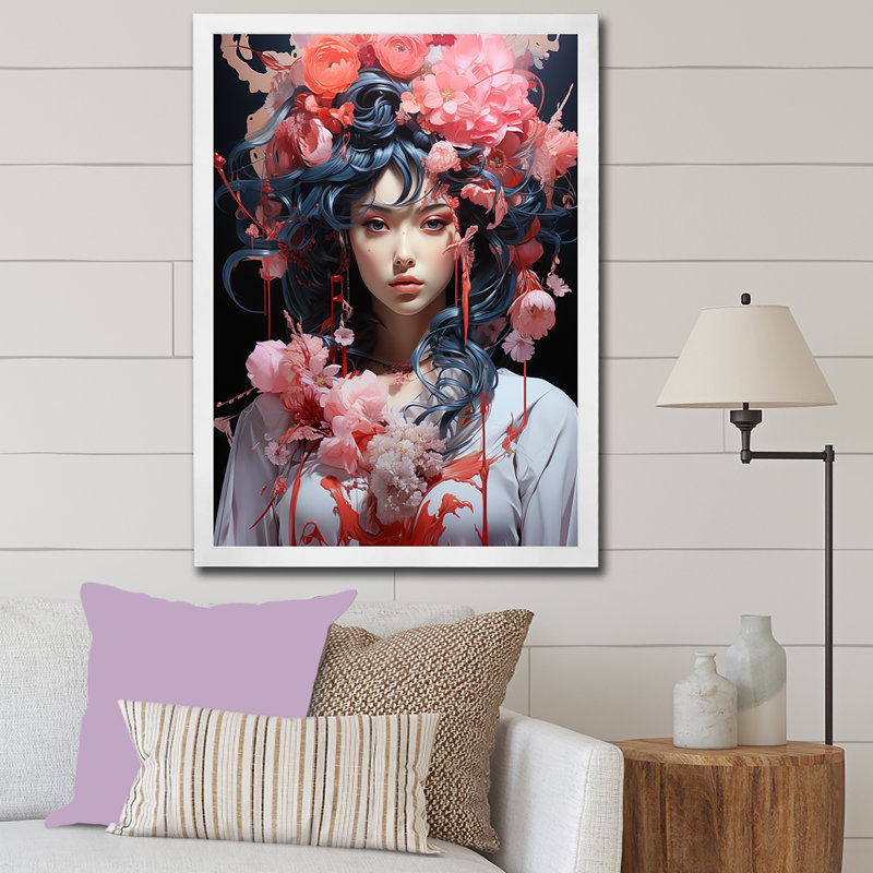 Portrait d'une femme asiatique rêveuse sur toile, H 32 po x l 24 po x P 1 po, Cadre photo blanc