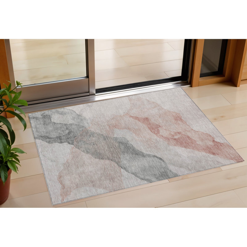 3' X 5' Salmon And Gray Abstract Washable Indoor Outdoor Area Rug