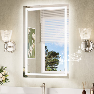Bluetooth LED Bathroom Mirror Frontlit And Backlit, 3 Colours Temperature & Dimmable Light, Defog, Tempered Glass Vanity Mirror