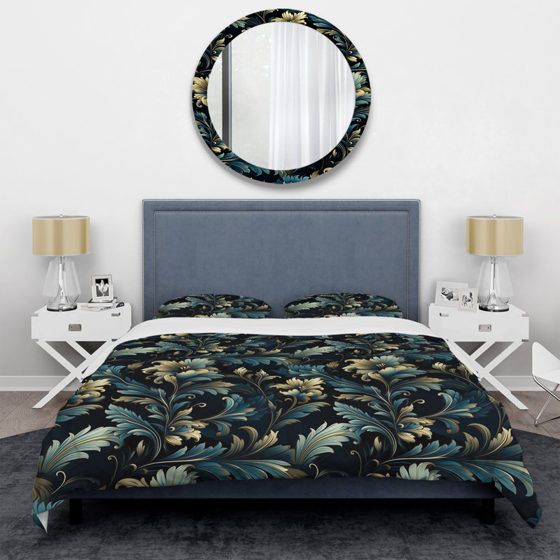 Ensemble de housse de couette damassé Serenade III doré et bleu, Housse de couette pour grand lit et 2 taies décor
