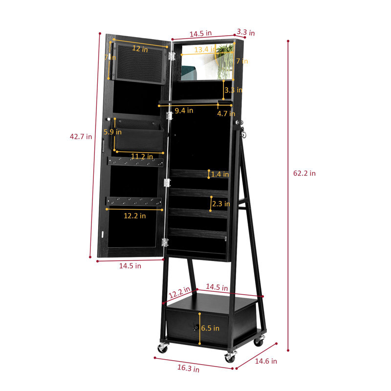 18'' Wide Freestanding Solid Wood Jewelry Armoire, Black