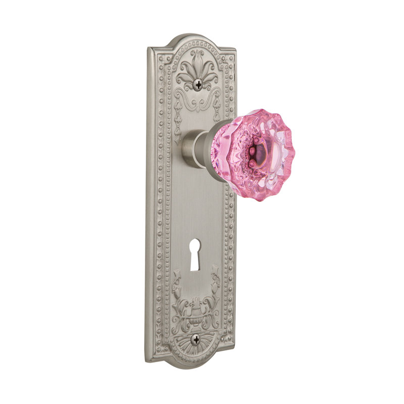 Meadows Plate with Decorative Keyhole and Crystal Pink Door Knob, Satin Nickel, 2 3/8