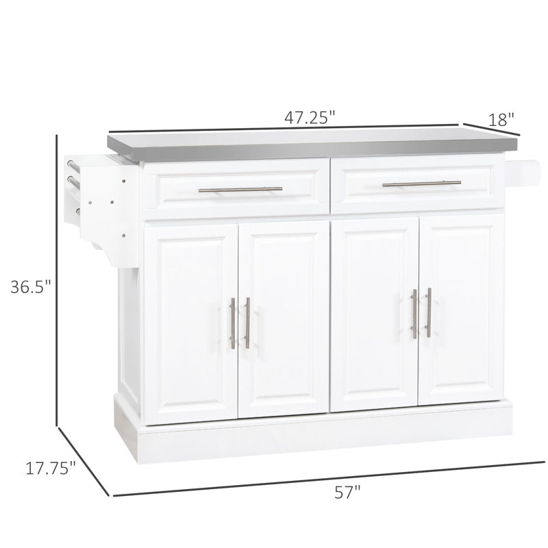 Rolling Kitchen Island Storage Cabinet By , White, Stainless Steel Top, 2 Drawers, Cabinets, Spice Rack, Towel Stand With Top And Storage, Space Management