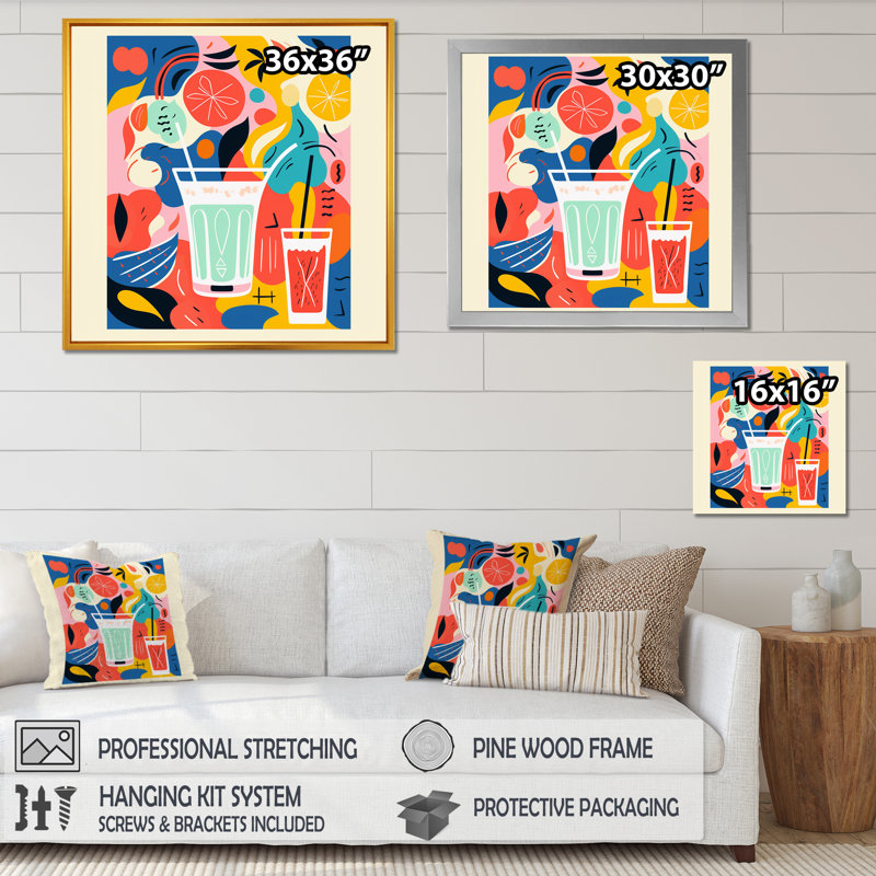 Art mural rouge et jaune Milkshake - cocktails, H 30 po x l 30 po x P 1,5 po
