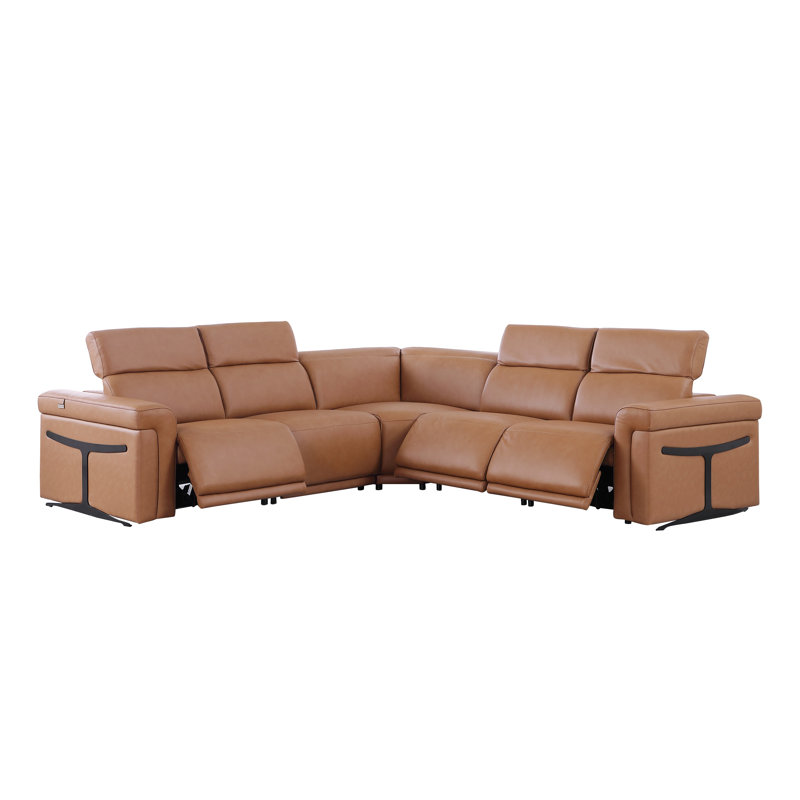 Dreysen 5 - Piece Top Grain Italian Leather Power Reclining Sectional, Cognac Genuine Leather