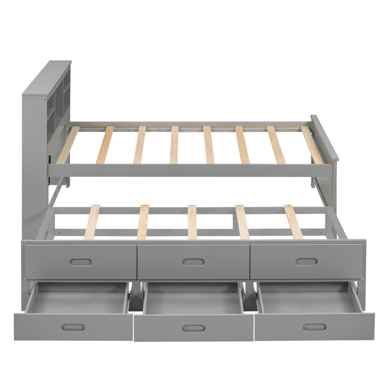 Twin Size Platform Bed With Storage Headboard, Usb, Twin Size Trundle And 3 Drawers, Gray
