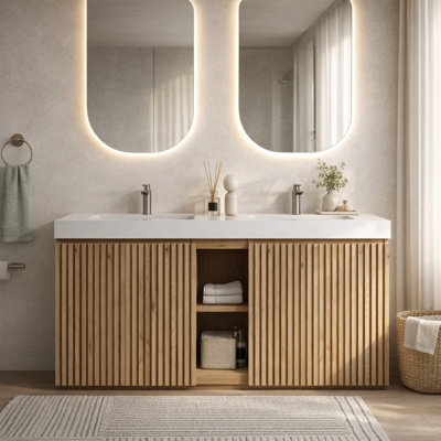 Adria 60" Freestanding Double Bathroom Vanity with Integrated White Quartz Sink, Modern Fluted Wood Cabinet, Soft Close Doors, Adjustable Storage, Luxury Vanity for Primary Bathroom, In Light Oak