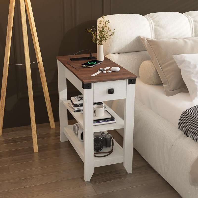 Set of 2 End Tables With Charging Station And Storage, Brown/White