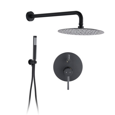 Douche murale noire matte avec têtes de pluie et à main de 10 po. Valve d'équilibre, poignée antidérapante. Rotative à 360 °. Débit de 1,8 gal / min. Bec pivotant. Tuyau américain compatible