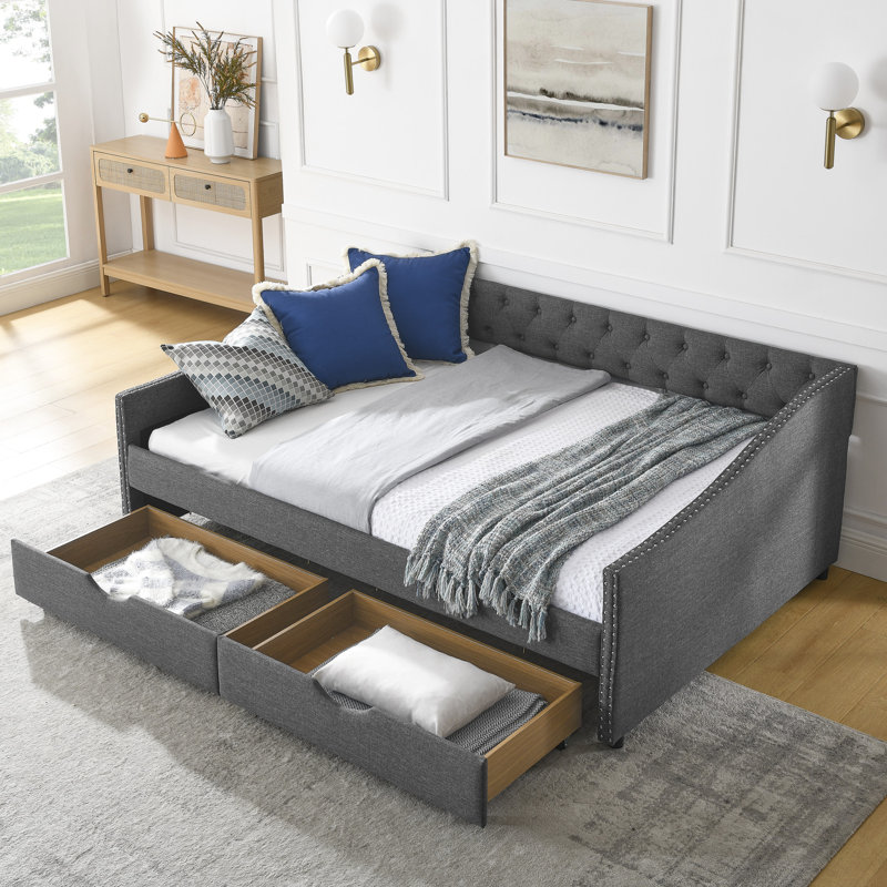 Lit de jour double avec fonction de rangement, lit rembourré, dossier à boutons et garniture cloutée, rembourrage en mousse des tiroirs de 80,5 po x 55,5 po x 27,5 po, accoudoirs, revêtement en lin gris foncé