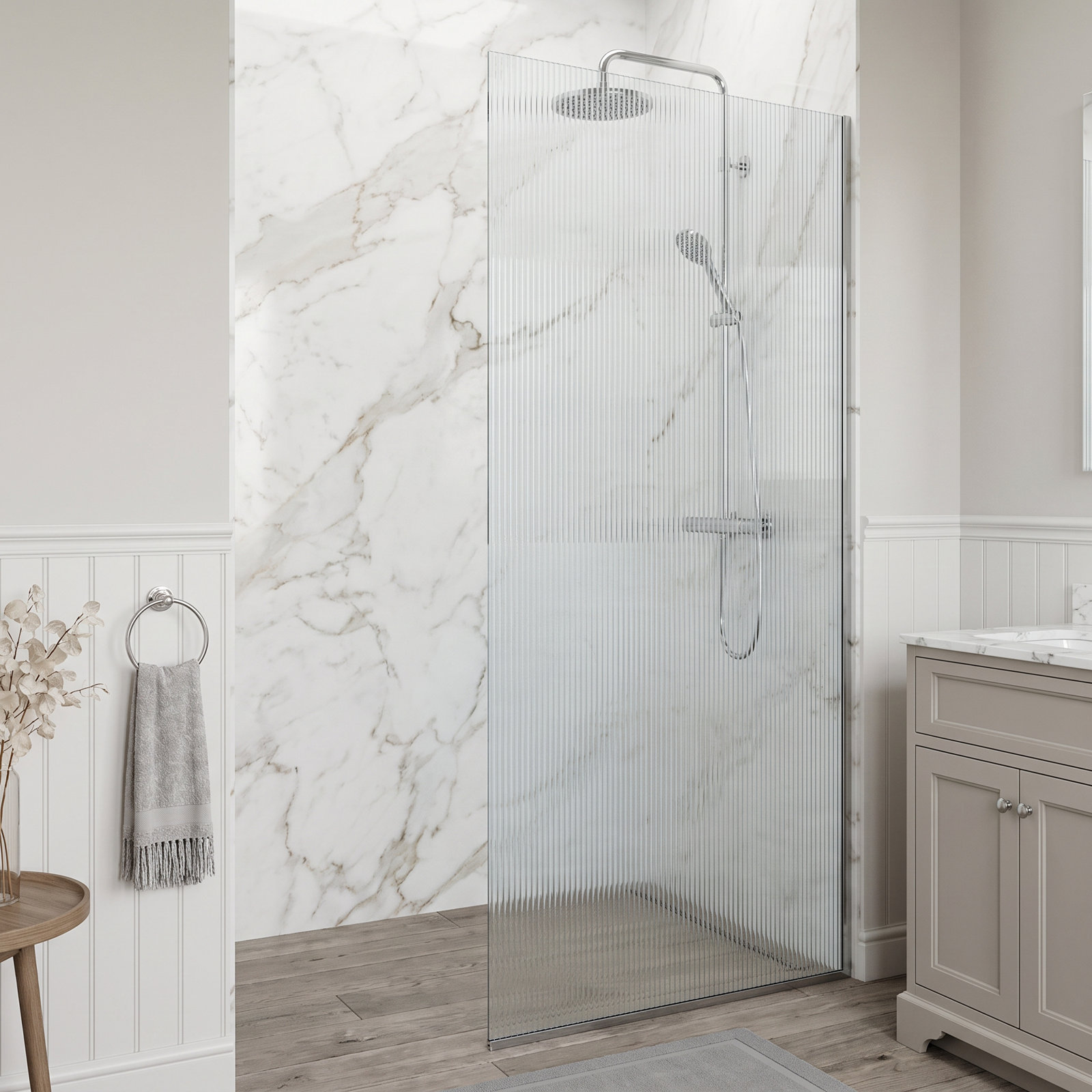 Zenith Frameless Fixed Shower Screen, Chrome Fluted