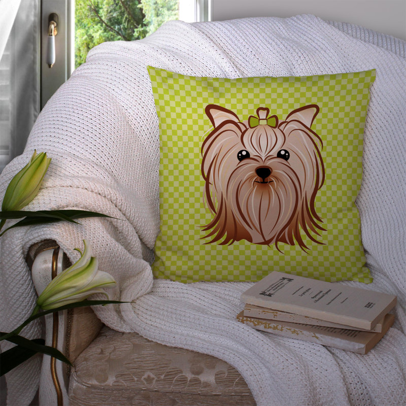 Coussin décoratif intérieur/extérieur yorkie yorkishire terrier damier, H 18 po x l 18 po x P 5,5 po, Vert