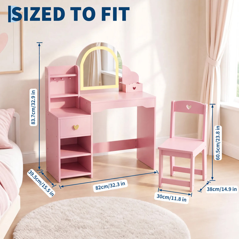 Coiffeuse 2 en 1 Princesse pour enfants avec miroir lumineux - Table de maquillage pour petites filles - Mobilier de chambre d'enfant - Couleur : Rose