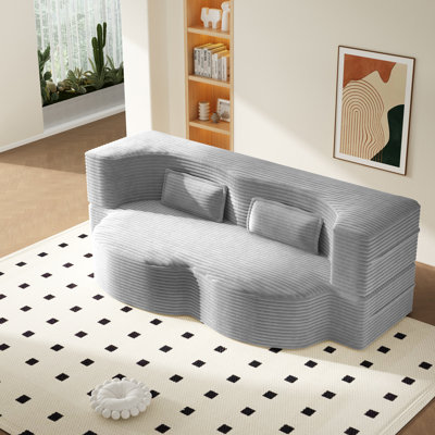 Modern  Floor Sofa Bed With 2 Pillows, Convertible Corduroy Foam-Filled Sleeper For Living Room And Guest Use.