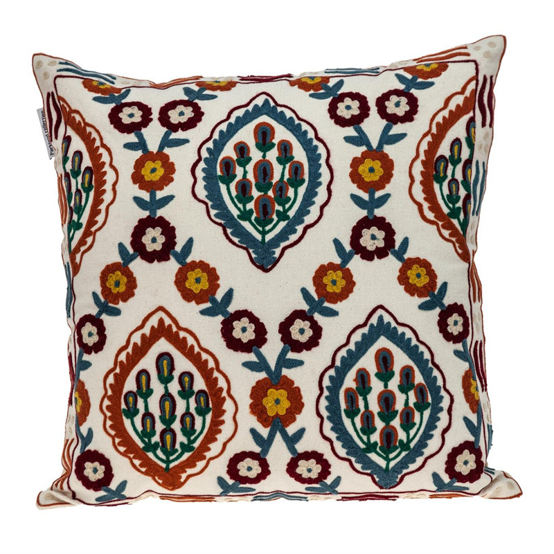 Embroidered Decorative Pillow, Blue/Red/White Geometric
