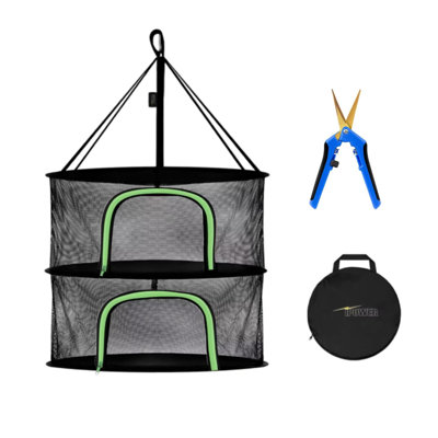 iPower 2-Layer 2-Feet Herb Drying Rack Hanging Mesh Net Dryer Collapsible with U-Shape Zippers, Carabiner and Storage Pouch, 6.5 Inch Garden Hand Pruner for Hydroponics Plant Buds, Blue
