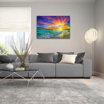 «Colorful Ocean Sunset Orange and Red Beach Sunset» par Ezra Tanner, art mural en verre acrylique
