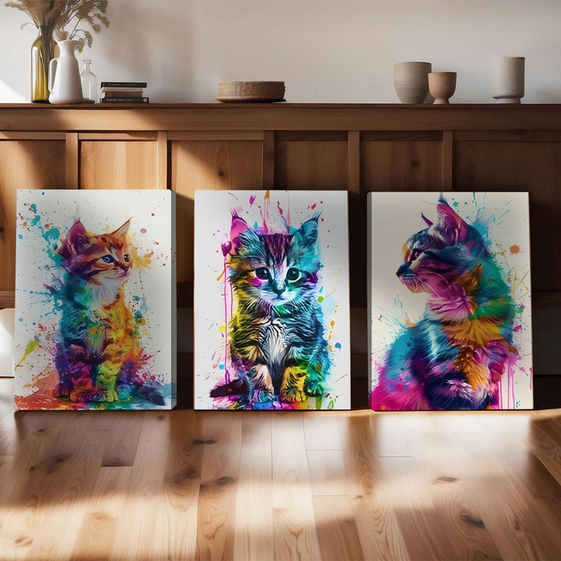 3 pièces d'art mural encadré, chaton coloré, ensemble de 3 peintures à l'aquarelle sur toile, chat éclatant et éclaboussures