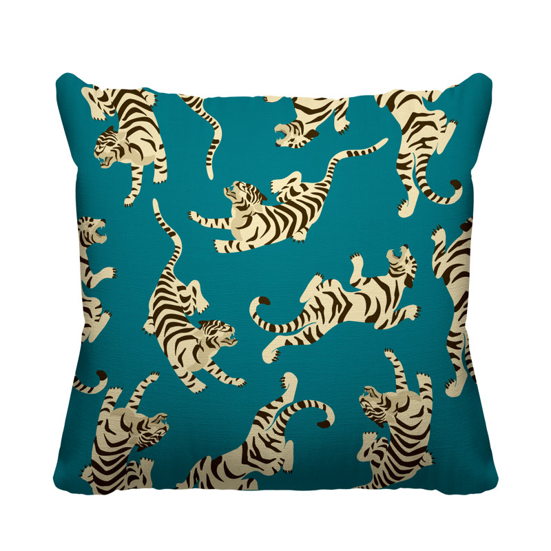 Coussin décoratif intérieur / extérieur Tigger Boho Tiger, L 15 po x H 15 po, Turquoise