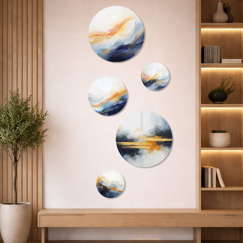Tempête de marbre bleu et jaune II - ensemble de 5 peintures murales abstraites