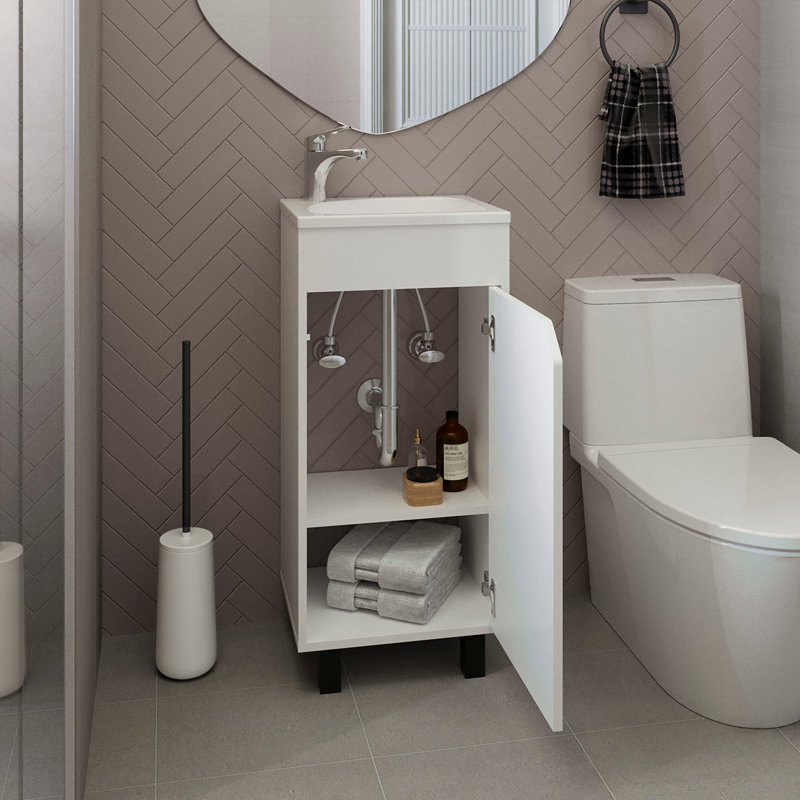 Bethel Wide One-Door Cabinet, Free Standing Vanity With Resin Sink And Two Shelves, Bathroom Storage, White