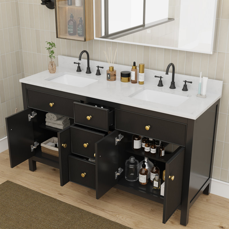 Ensemble de meuble-lavabo à double cuve 60 "avec plateau en pierre reconstituée Barnhart, Noir et or