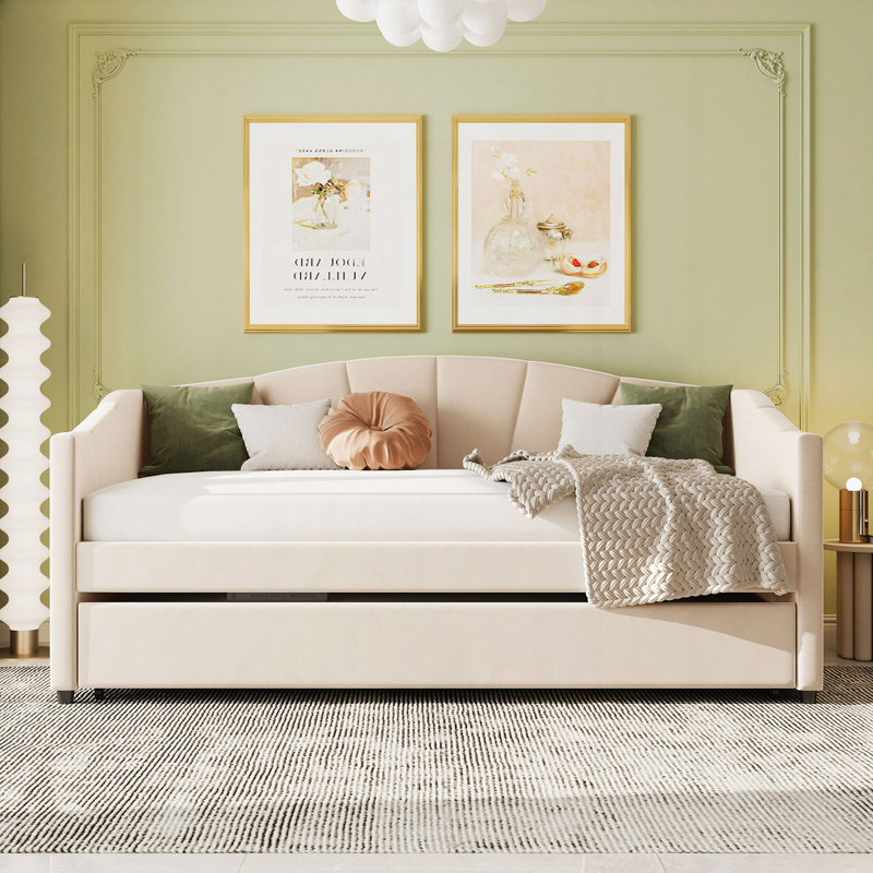 Lit de jour rembourré avec lit gigogne Kacy, Beige, Lit simple