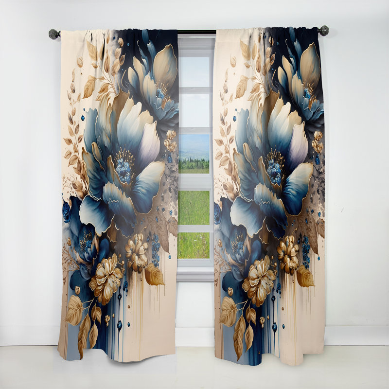 Blue And Gold Floral Bunch III - Traditional Curtain - Velvet Room Darkening - 1 panel, 52" W x 90" L