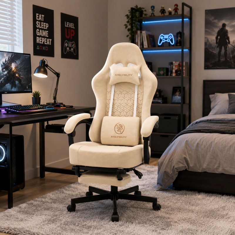 Fauteuil de jeu de course et de course réglable, inclinable et ergonomique en similicuir, Similicuir beige