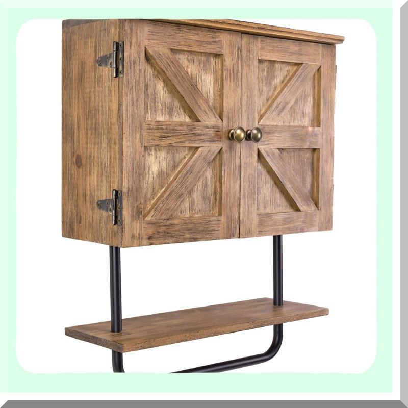 RusticSpace Barndoor Bathroom Wall Cabinet with Adjustable Shelf and Towel Bar - Space Saver Storage Solution for Kitchen and Medicine Essentials, Brown