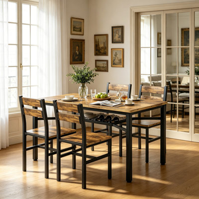 Ensemble de table de salle à manger et de chaises de style campagne moderne 5 pièces, petite table de cuisine rectangulaire avec 4 chaises et support de rangement, plateau de particules et ensemble de coin repas en métal pour 4, ensemble de tables de bar peu encombrantes