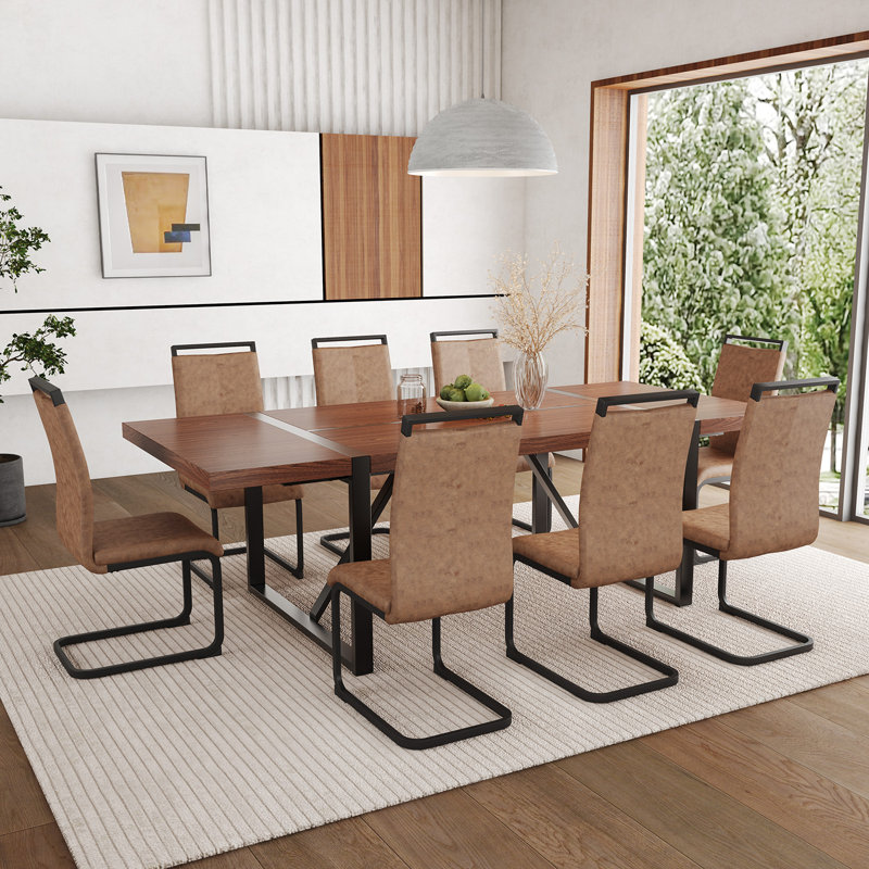 Ensemble de table de salle à manger en bois 87 po avec chaise rembourrée en cuir PU, 9 pièces : table, 8 chaises, Walnut