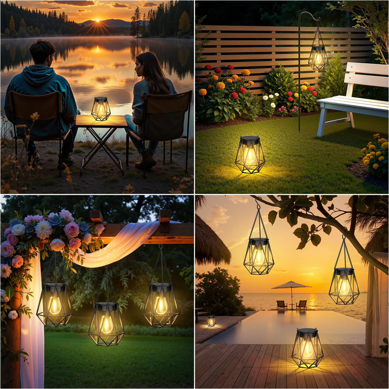 2 Pack Solar Hanging Lanterns, Outdoor Waterproof Geometric Metal Lanterns With Vintage Edison Bulb, Decorative  For Garden, Patio, Yard, Porch Decor