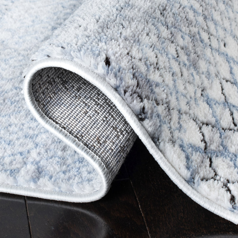 Grey and Light Blue Hand-Knotted Rectangular Synthetic Rug