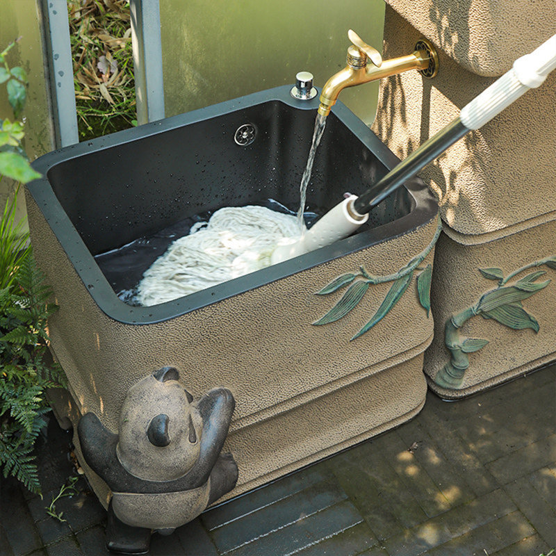 Ensemble lavabo et bac à serpillière en pierre reconstituée pour cour extérieure, motif sculpture Panda Art