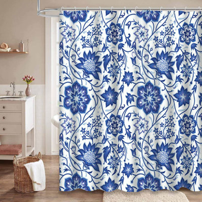 Seamless Vintage Wallpaper Floral Blue Shower Curtain with 12 Hooks