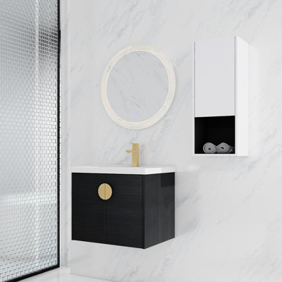 Meuble-lavabo mural de 61 cm (24 po) avec lavabo en céramique et tablette latérale - Aspect châtaigne noir
