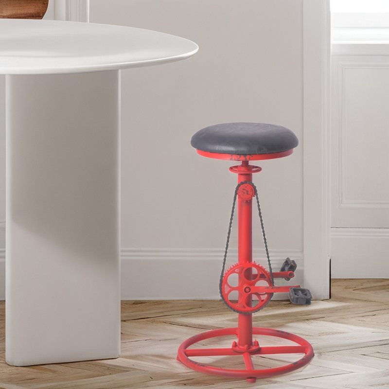 Analeesa Swivel Upholstered Adjustable Height Counter Stool with Metal Frame, Black  Faux Leather/Antique Red Frame