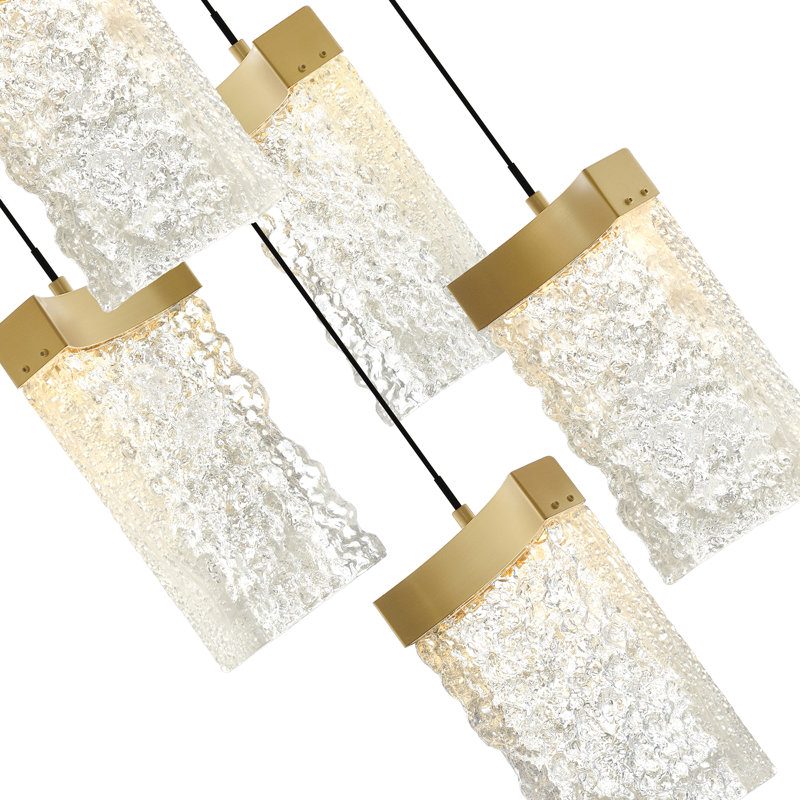 Integrated LED 36" Brass Modern Chandelier with Handmade Textured Glass for Dining Room Foyer Bedroom Living Room, Brass