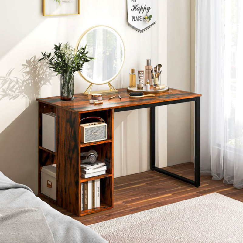 Bureau d'ordinateur avec 5 tablettes latérales et structure en métal, Brun / noir