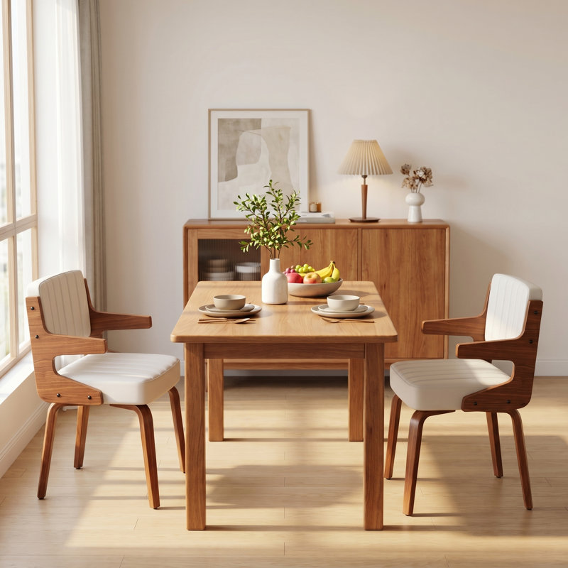 Mid-Century Modern Faux Leather Upholstered Dining Arm Chairs Set of 2, Wood Frame Side Chairs for Dining Room, Kitchen and Living Room