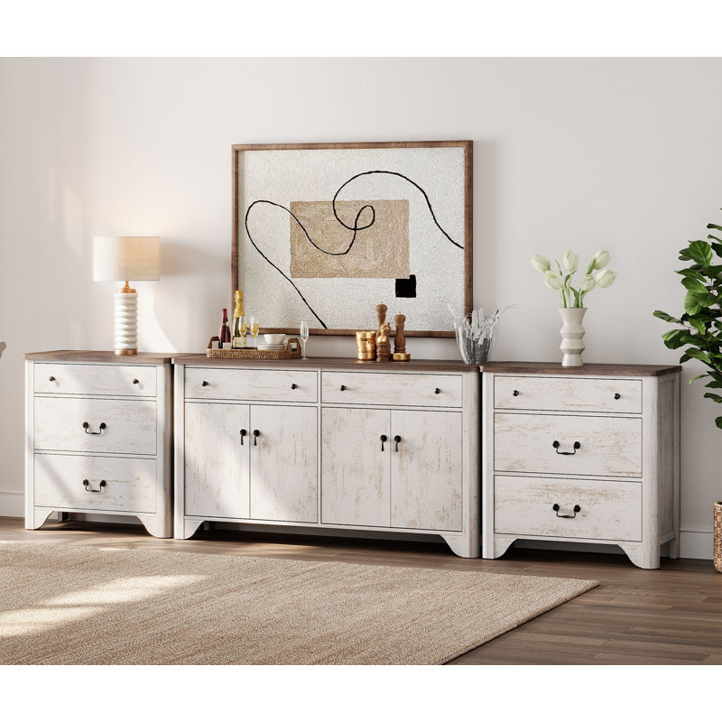 Ensemble de commode 3 pièces Farmhouse, buffet de cuisine avec rangement et commode à 3 tiroirs pour 2, entrée, salon, salle à manger