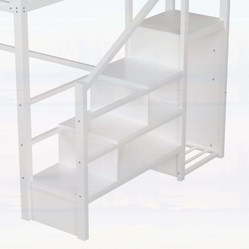 Grand lit mezzanine en métal avec escalier et garde-corps en forme de maison, garde-robe et éclairage à DEL, idéal pour les enfants et les adolescents