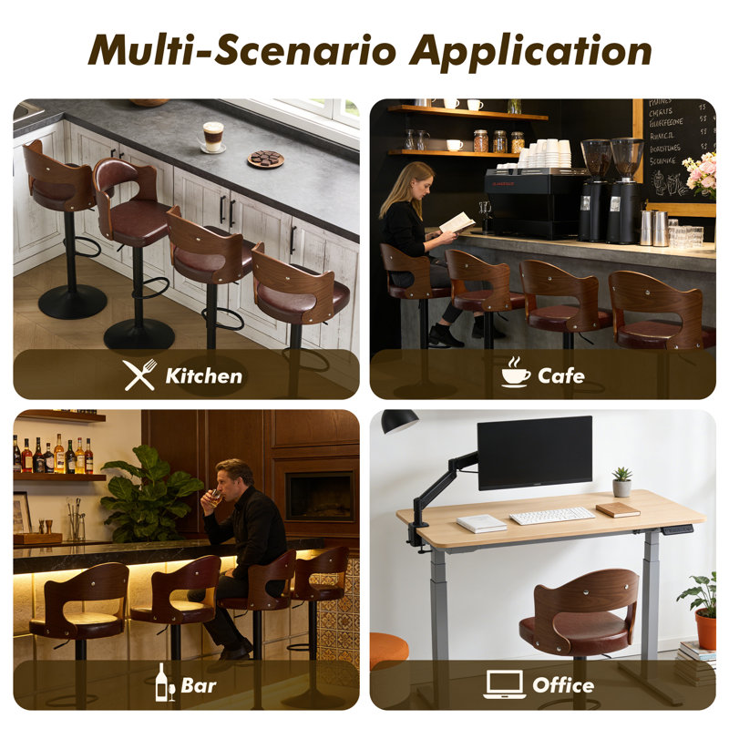 Modern Swivel Bar Stools Set Of 4, Wooden Upholstered Pu Leather Barstools With Back & Footrest, Counter Height Bar Chairs For Kitchen Island