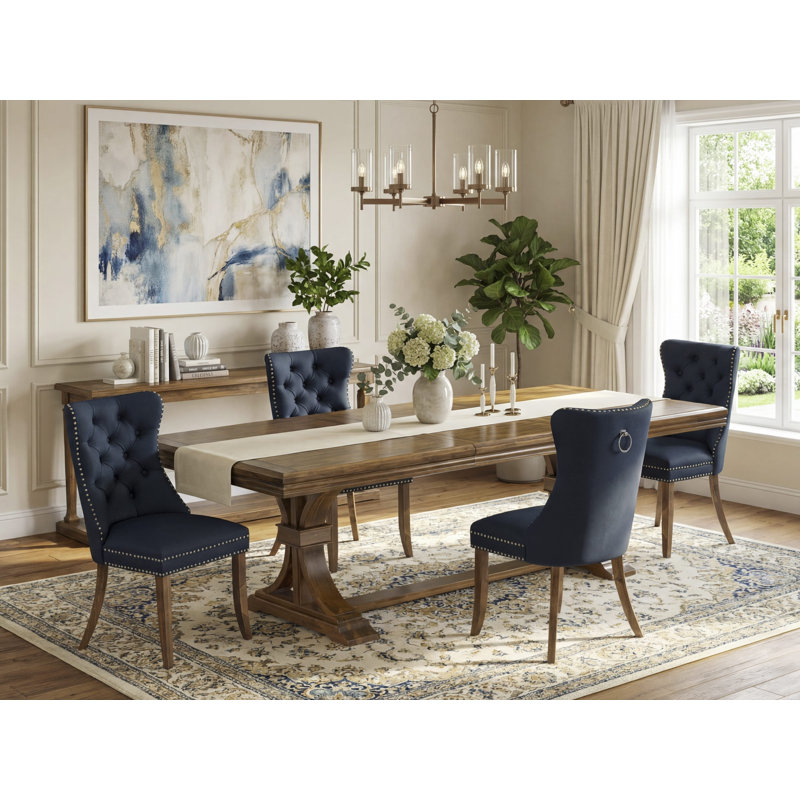 Cet ensemble de salle à manger moderne 5 pièces comprend une table de cuisine rectangulaire et 4 chaises de salle à manger en tissu de polyester bleu marine, noyer antique
