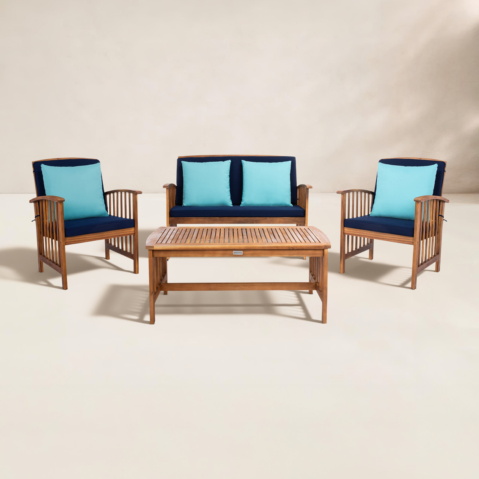 Delosreyes 4-Person Acacia Patio Seating Group, Turquoise Toss Pillow Color/Navy Cushion