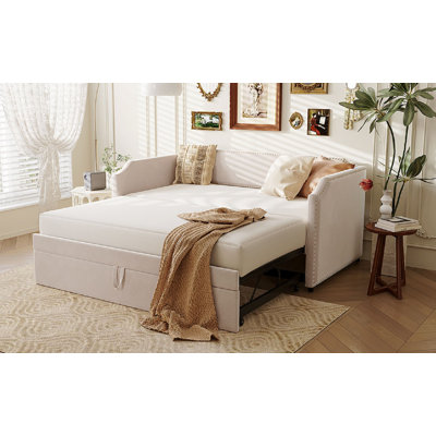 Twin Size Velvet Upholstered Daybed With Pop Up Trundle